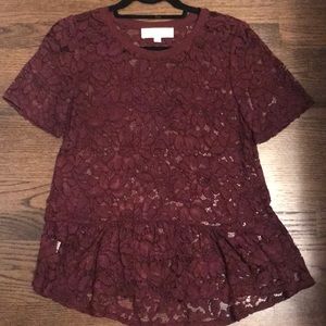 Lace peplum tee blouse in wine from Loft